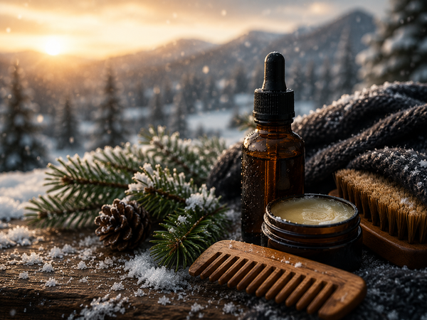 Huile à barbe, baume, peigne et brosse sur un décor hivernal illustrant les soins essentiels pour hydrater et protéger la barbe durant l'hiver québécois.