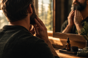 Homme qui applique une huile à barbe devant un miroir, près d'une fenêtre donnant sur la forêt