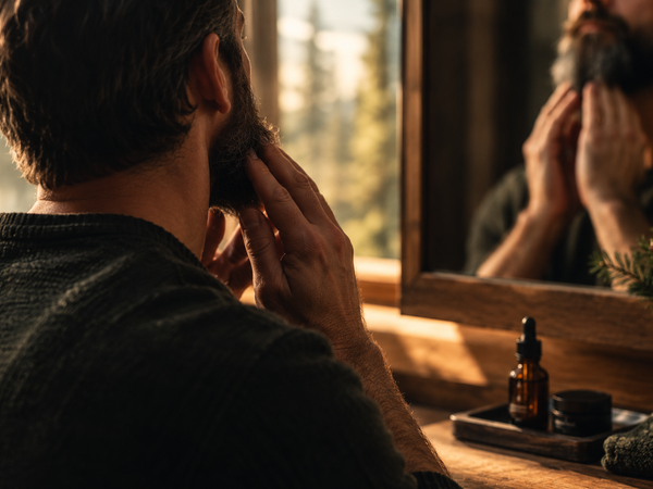 Homme qui applique une huile à barbe devant un miroir, près d'une fenêtre donnant sur la forêt