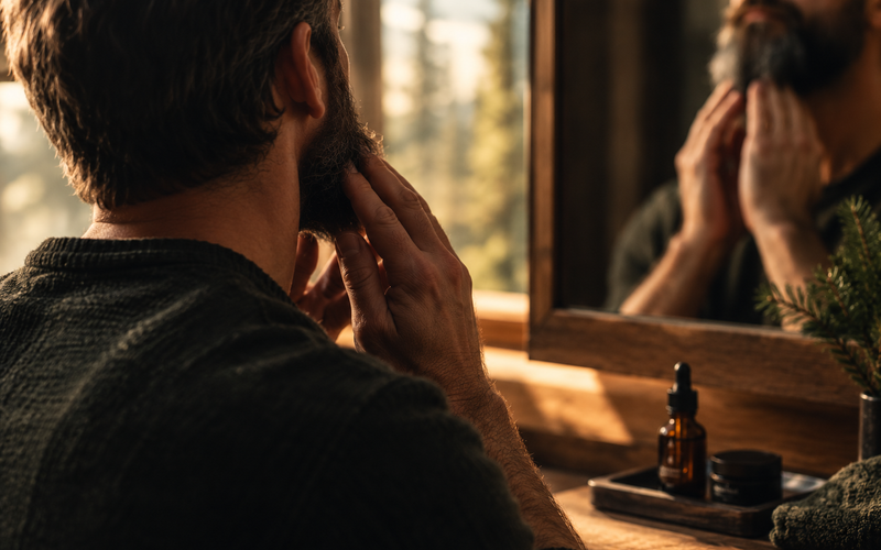 Homme qui applique une huile à barbe devant un miroir, près d'une fenêtre donnant sur la forêt